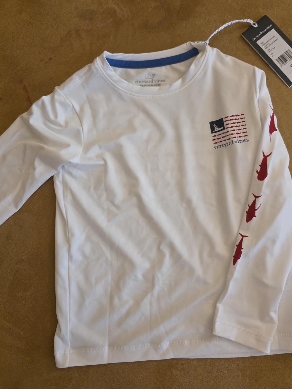 Vineyard Vines White Long-Sleeve Tee with Red Fish Sleeve Detail
